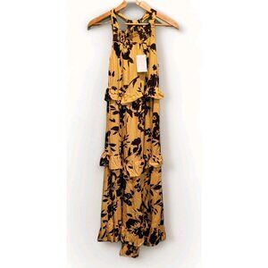 New Angie Black Gold Sleeveless Tiered A-Line Maxi Dress Sz S Ruffle Pockets
